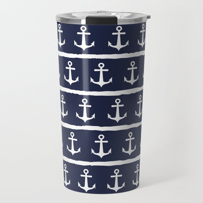 Nautical Navy Blue White Anchors Stripes Travel Mug