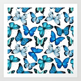 Blue Watercolor Butterfly Pattern Art Print