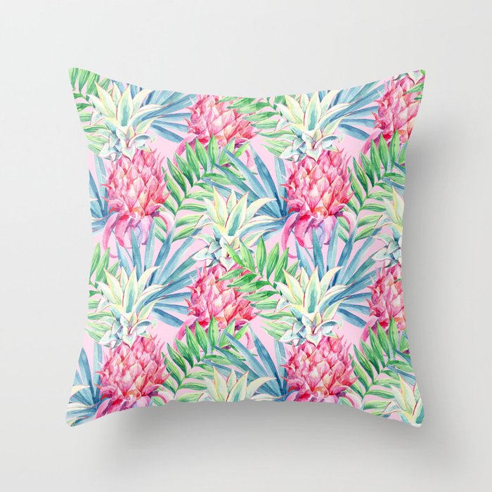 Pineapple & watercolor leaves Throw Pillow