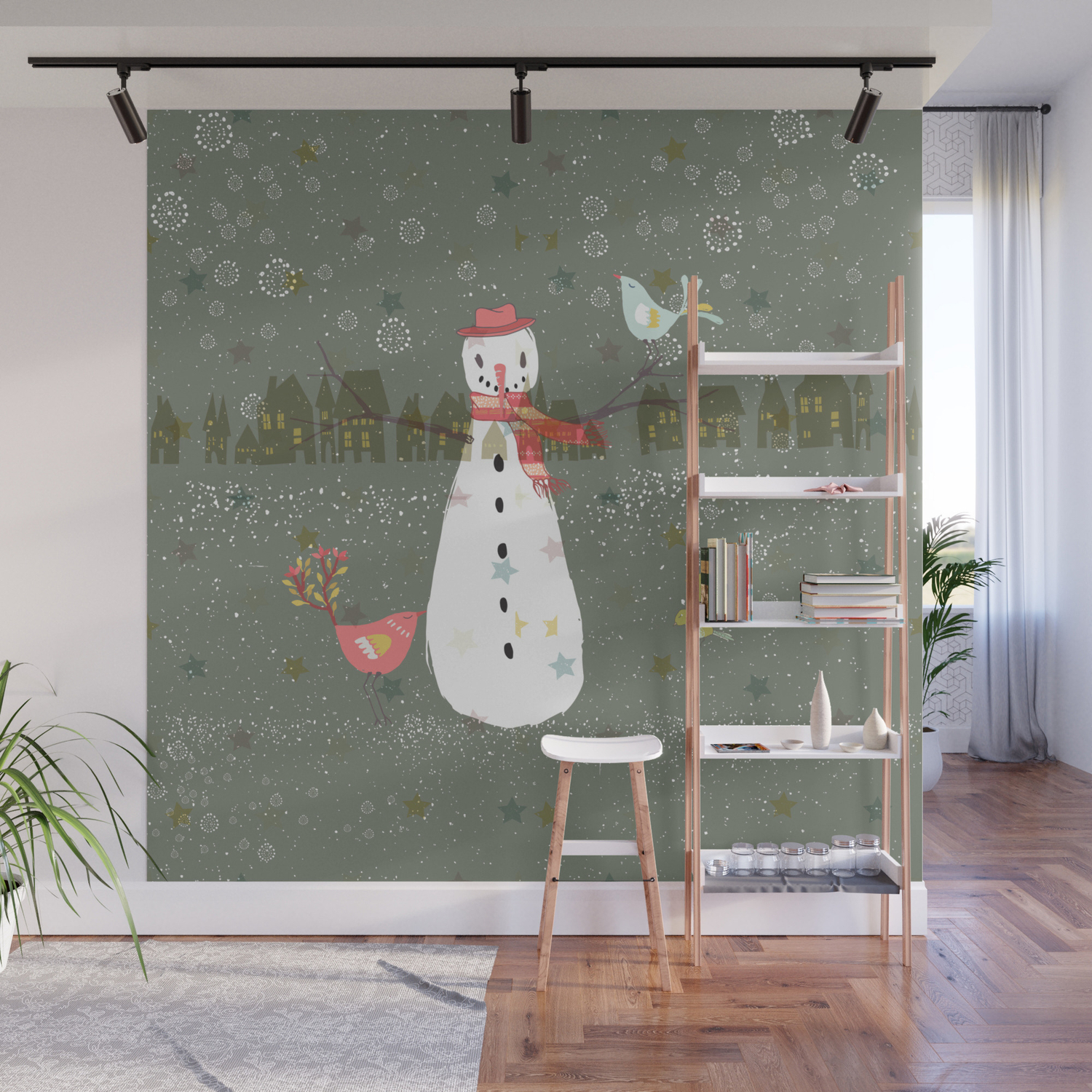 Cute Christmas Snowman Birds Winter Scene Wall Mural