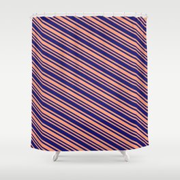 [ Thumbnail: Light Salmon & Midnight Blue Colored Stripes/Lines Pattern Shower Curtain ]