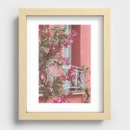Colorful balcony in Greece - Pink on Pink - Pink flowers - Travel photography Recessed Framed Print