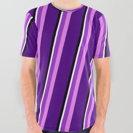 [ Thumbnail: Eyecatching Dark Orchid, Violet, Indigo, Black & White Colored Stripes/Lines Pattern All Over Graphic Tee ]
