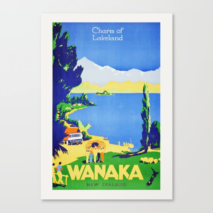 New Zealand Lake Wanaka Vintage Travel Poster 1930s - Charm of Lakeland Wall Art Canvas Print