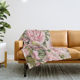 Vintage & Shabby Chic Floral Peony & Lily Flowers Watercolor Pattern Throw Blanket