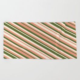 [ Thumbnail: Dark Salmon, Dark Olive Green & Beige Colored Lines/Stripes Pattern Beach Towel ]