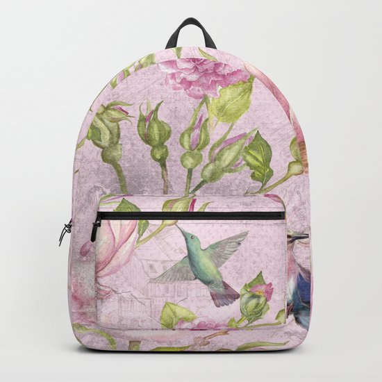 Floral painterly background in pink with Roses Flowers and Birds Backpack