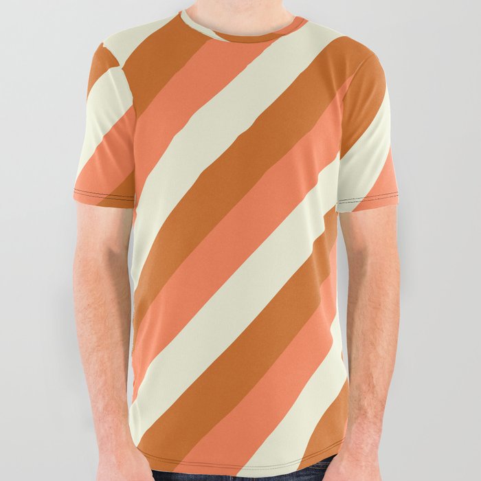 Beige, Chocolate, and Coral Colored Stripes Pattern All Over Graphic Tee