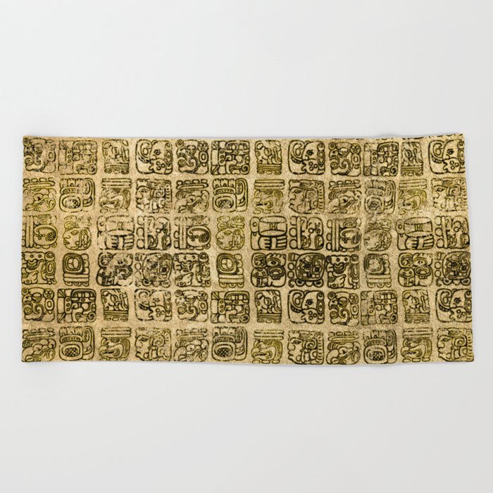 Mayan and aztec glyphs gold on vintage texture Beach Towel
