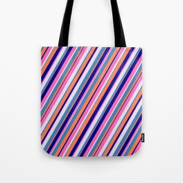 [ Thumbnail: Colorful Lavender, Blue, Coral, Dark Blue, and Hot Pink Colored Lines/Stripes Pattern Tote Bag ]