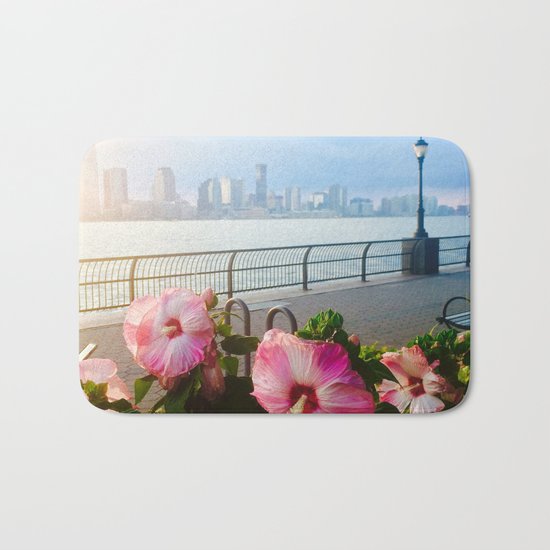 Battery Park New York City Skyline with Pink Hibiscus Flowers Bath Mat