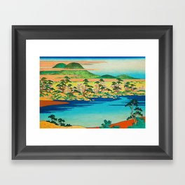 Spring in the Keneko Hills - Nature Ukiyo Landscape in Green, Blue, Red, Yellow and Orange Framed Art Print