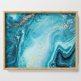 Aquamarine and Cerulean + Gold Flecked Abstract Ripples Serving Tray