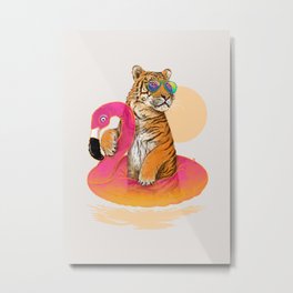 Chillin (Flamingo Tiger) Metal Print | Animal, Hot, Cat, Ocean, Flamingo, Summer, Funny, Pink, Feline, Sea 
