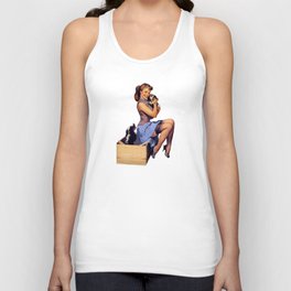 Brunette Pin Up Blue Skirt And Shoes Two Dogs Puppies Unisex Tank Top