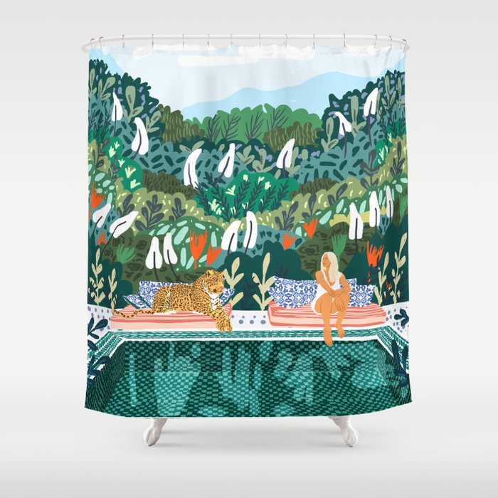 Chilling by the pool with my leopard Tropical Jungle Nature Wildlife Bohemian Morocco Travel Shower Curtain