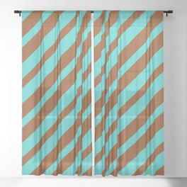[ Thumbnail: Brown and Turquoise Colored Lines Pattern Sheer Curtain ]