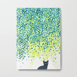 Cat in the garden under willow tree Metal Print | Curated, Tree, Painting, Willow, Leaf, Landscape, Popart, Nature, Plants, Digital 