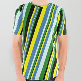 [ Thumbnail: Yellow, Blue, Light Cyan, Forest Green, and Black Colored Stripes Pattern All Over Graphic Tee ]