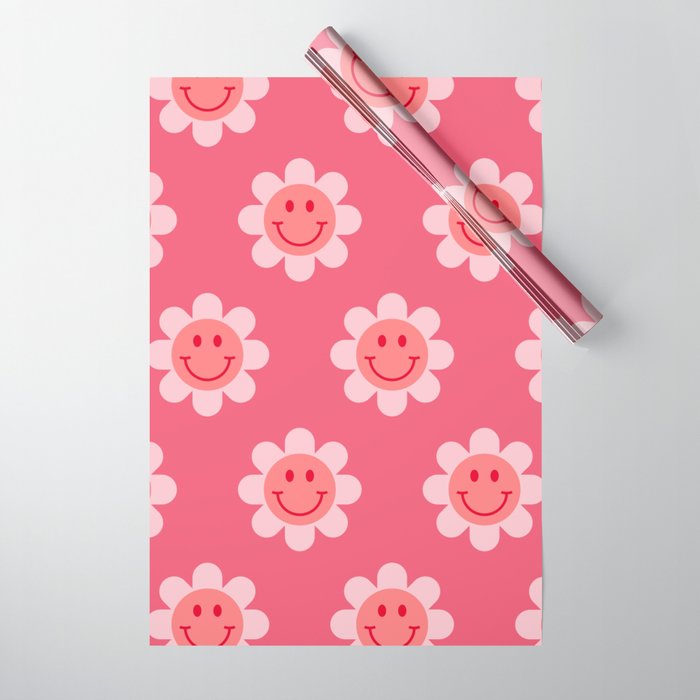 70s Pink & Red Smiley Face Pattern Wrapping Paper