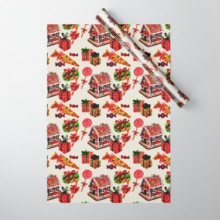 Christmas Vintage Family House Candy Cane Gingerbread Wrapping Paper