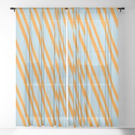 [ Thumbnail: Dark Orange & Light Blue Colored Lined Pattern Sheer Curtain ]