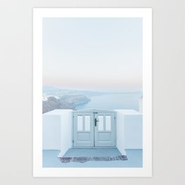 Gate with a Santorini view | Sunrise Greece sunset | pastel blue | travel art wall print Art Print