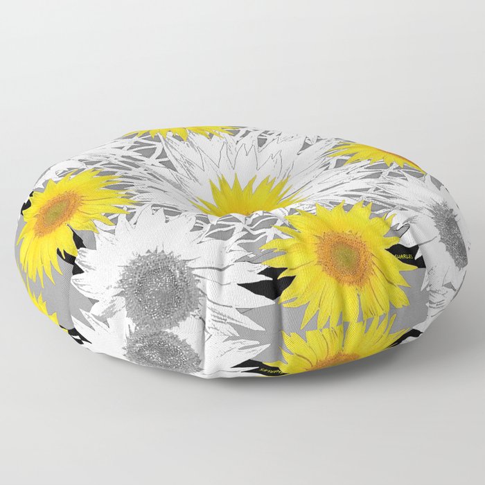 Decorative B&W Yellow-White Sunflowers Floor Pillow