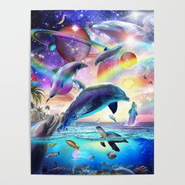Space Dolphin Galaxy Dolphins Rainbow Poster