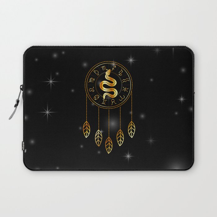 Dreamcatcher Zodiac symbols astrology horoscope signs with mystic snake in gold Laptop Sleeve