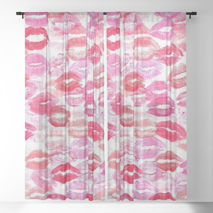 Pink and Red Aesthetic Lipstick Kisses Sheer Curtain