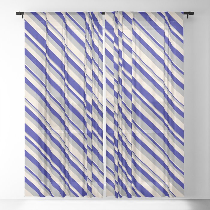 Dark Gray, Beige, and Dark Blue Colored Lined Pattern Sheer Curtain