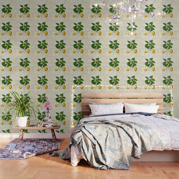 Lemon Botanical print on antique almanac collage Wallpaper