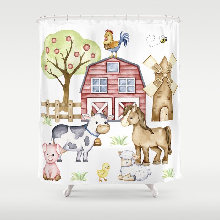 Watercolor Farm Animals Scene Shower Curtain