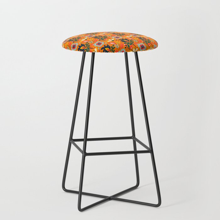 Colorful Floral Pattern On Orange Background Bar Stool