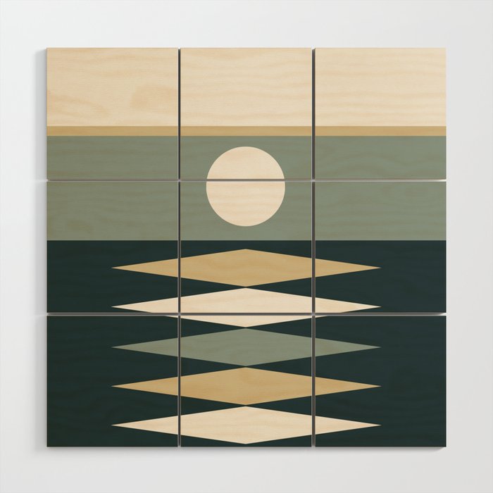 Abstract Geometric Sunrise 1 in Green Tan Shades Wood Wall Art