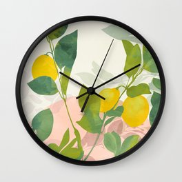 peachy lemons pastel Wall Clock | Leaf, Painting, Acrylic, Nature, Citrons, Decor, Interior, Garden, Illustration, Modern 