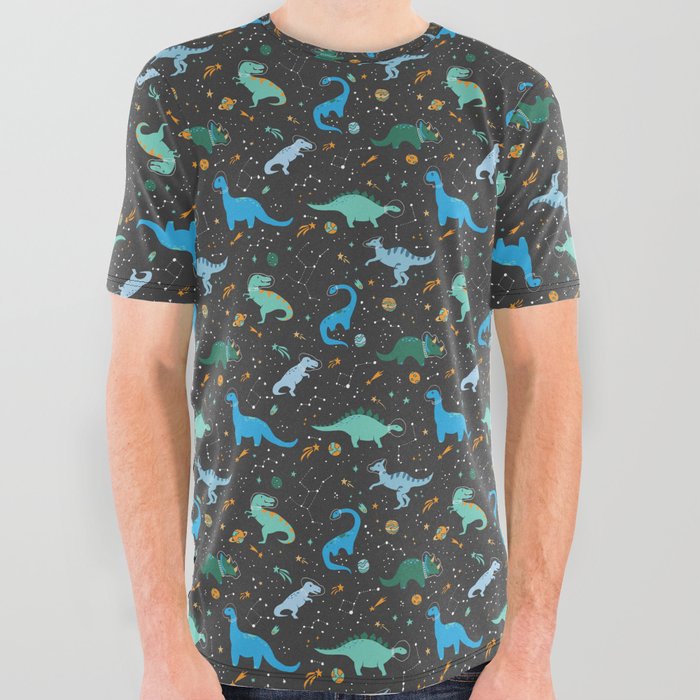 Dinosaurs in Space in Blue All Over Graphic Tee