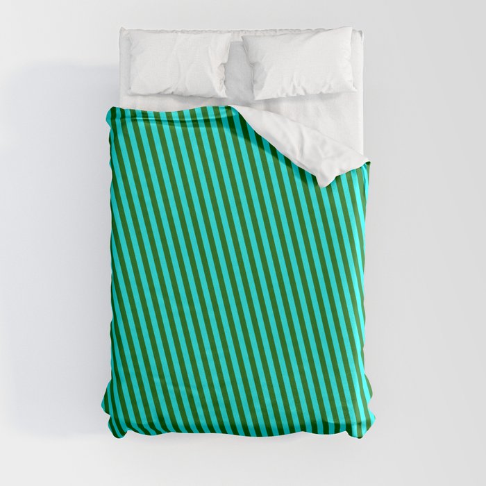 Cyan & Dark Green Colored Lines/Stripes Pattern Duvet Cover