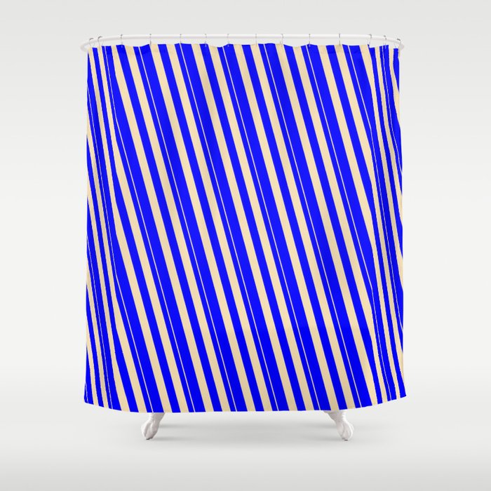 Tan & Blue Colored Stripes/Lines Pattern Shower Curtain