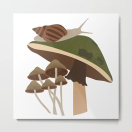 Green Mushroom, Tiny Mushrooms, and a Snail Metal Print