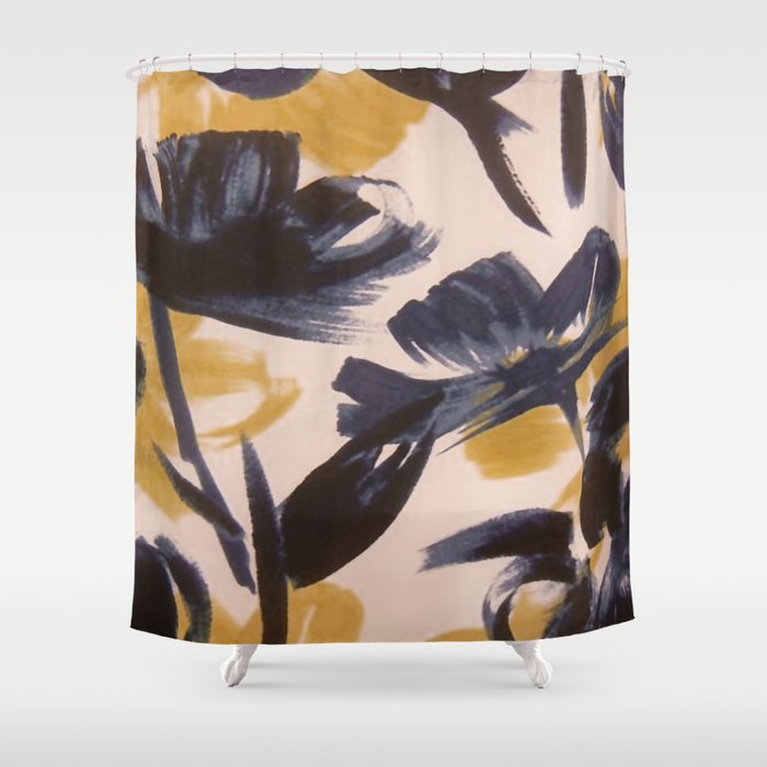 Navy Blue and Mustard Yellow Florals Shower Curtain