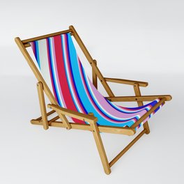 [ Thumbnail: Colorful Plum, Crimson, Blue, Deep Sky Blue, and Mint Cream Colored Lined/Striped Pattern Sling Chair ]