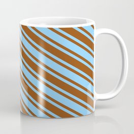 [ Thumbnail: Light Sky Blue & Brown Colored Lined/Striped Pattern Coffee Mug ]