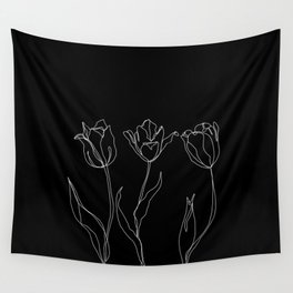 Floral line drawing - Three Tulips Black Wall Tapestry
