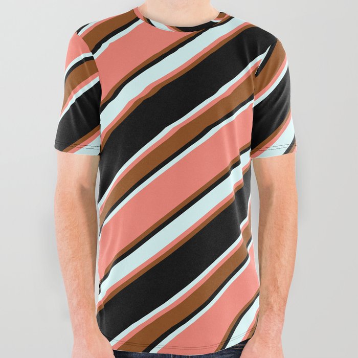 Salmon, Brown, Black & Light Cyan Colored Pattern of Stripes All Over Graphic Tee
