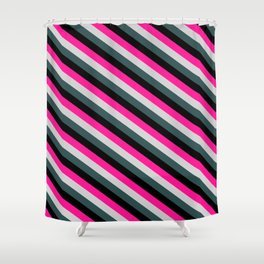 [ Thumbnail: Deep Pink, Light Grey, Dark Slate Gray & Black Colored Lines/Stripes Pattern Shower Curtain ]
