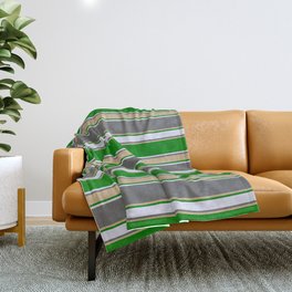 [ Thumbnail: Dim Gray, Tan, Green & Lavender Colored Pattern of Stripes Throw Blanket ]