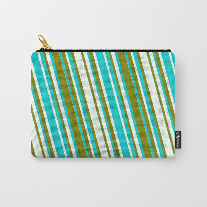 Dark Turquoise, Mint Cream, and Green Colored Striped/Lined Pattern Carry-All Pouch