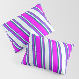 [ Thumbnail: Royal Blue, Mint Cream, Teal, and Fuchsia Colored Lined Pattern Pillow Sham ]